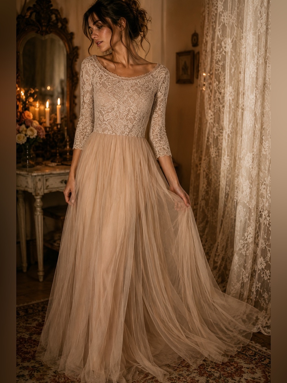 Blush Cream Lace Tulle Maxi Dress XS Romantic Cottagecore Bridal Fairy Formal